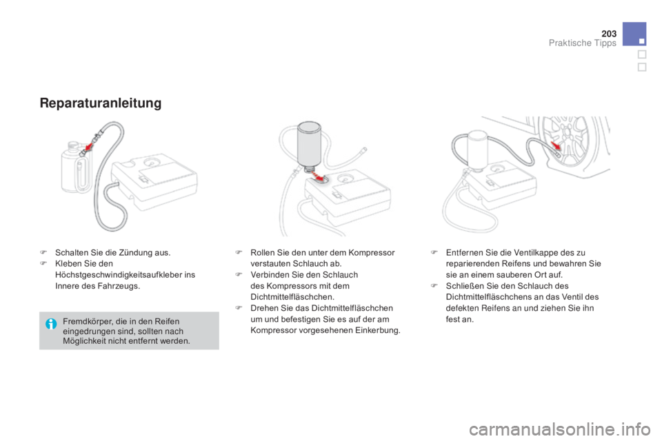 CITROEN DS3 2015  Betriebsanleitungen (in German) 203
DS3_de_Chap10_info-pratiques_ed01-2014
F Schalten Sie die Zündung aus.
F K leben Sie den 
Höchstgeschwindigkeitsaufkleber ins 
Innere des Fahrzeugs.
Reparaturanleitung
Fremdkörper, die in den R
