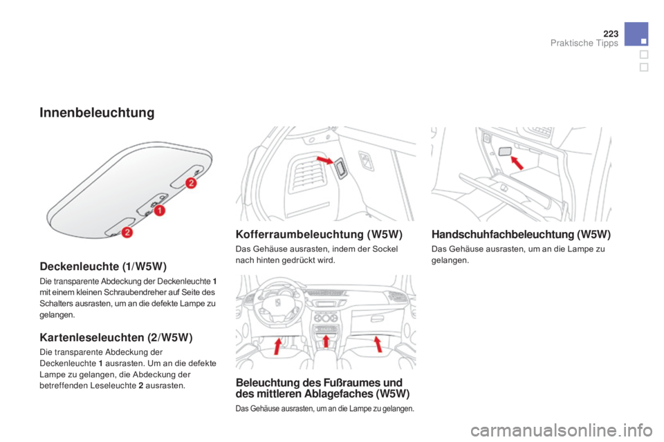 CITROEN DS3 2015  Betriebsanleitungen (in German) 223
DS3_de_Chap10_info-pratiques_ed01-2014
Innenbeleuchtung
Deckenleuchte (1/w5w)
Die transparente Abdeckung der Deckenleuchte 1 
mit einem kleinen Schraubendreher auf Seite des 
Schalters ausrasten, 