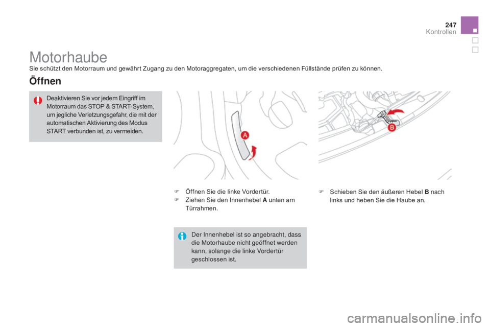 CITROEN DS3 2015  Betriebsanleitungen (in German) 247
DS3_de_Chap11_verifications_ed01-2014
MotorhaubeSie schützt den Motorraum und gewährt Zugang zu den Motoraggregaten, um die verschiedenen Füllstände prüfen zu können.
Öffnen
F Öffnen Sie d