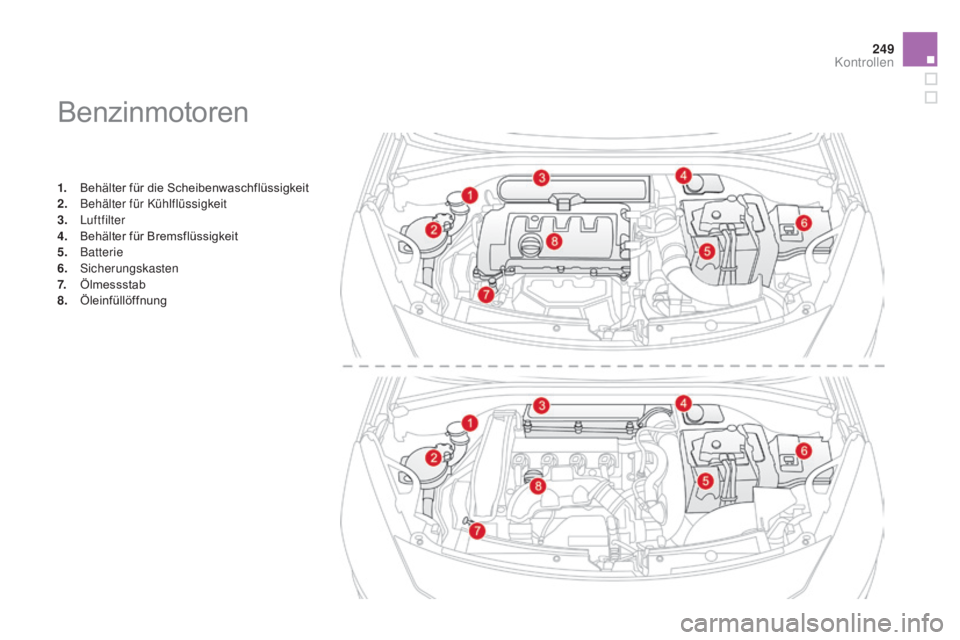 CITROEN DS3 2015  Betriebsanleitungen (in German) 249
DS3_de_Chap11_verifications_ed01-2014
Benzinmotoren
1. Behälter für die Scheibenwaschflüssigkeit
2. Behälter für Kühlflüssigkeit
3.
 

Luftfilter
4.
 B

ehälter für Bremsflüssigkeit
5.
 