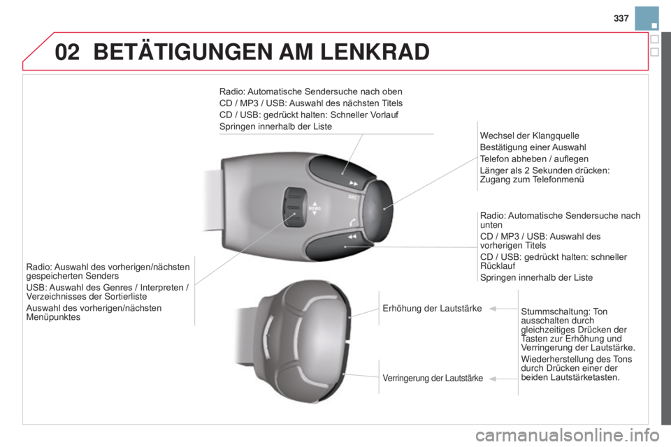 CITROEN DS3 2015  Betriebsanleitungen (in German) 02
337
DS3_de_Chap13c_RD45_ed01_2014
BETäTIGUNGEN am LENKRaD
Radio: Automatische Sendersuche nach oben
CD / MP3 / USB: Auswahl des nächsten Titels
CD / USB: gedrückt halten: Schneller Vorlauf
Sprin