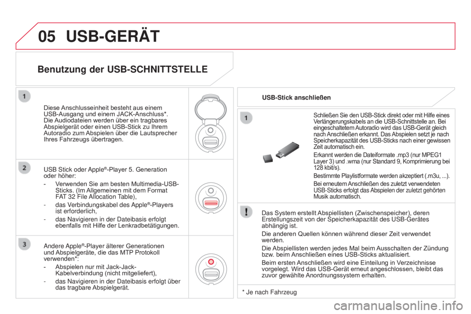 CITROEN DS3 2015 Betriebsanleitungen (in German) 05
DS3_de_Chap13c_RD45_ed01_2014
USB-GERäT
Das System erstellt Abspiellisten (Zwischenspeicher), deren
Erstellungszeit von der Speicherkapazität des USB-Gerätes
abhängig ist.
Die anderen Quellen CITROEN DS3 2015 Betriebsanleitungen (in German) 05
DS3_de_Chap13c_RD45_ed01_2014
USB-GERäT
Das System erstellt Abspiellisten (Zwischenspeicher), deren
Erstellungszeit von der Speicherkapazität des USB-Gerätes
abhängig ist.
Die anderen Quellen