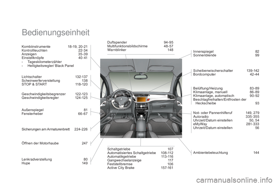 CITROEN DS3 2015 Betriebsanleitungen (in German) DS3_de_Chap14_index-recherche_ed01-2014
Bedienungseinheit
Kombiinstrumente 18 -19, 20 -21
Kontrollleuchten 22-34
Anzeigen
3
5-39
Einstellknöpfe
4
0- 41
-
T
ageskilometerzähler
-
H
elligkei CITROEN DS3 2015 Betriebsanleitungen (in German) DS3_de_Chap14_index-recherche_ed01-2014
Bedienungseinheit
Kombiinstrumente 18 -19, 20 -21
Kontrollleuchten 22-34
Anzeigen
3
5-39
Einstellknöpfe
4
0- 41
-
T
ageskilometerzähler
-
H
elligkei