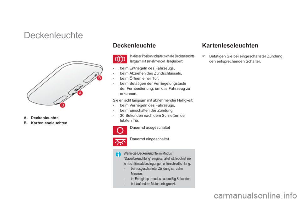 CITROEN DS3 2014  Betriebsanleitungen (in German) A.DeckenleuchteB.Kartenleseleuchten
   
 
 
 
 
 
 
 
 
 
 
Deckenleuchte 
 In dieser Position schaltet sich die Deckenleuchtelangsam mit zunehmender Helligkeit ein: 
 
 
Deckenleuchte
 
 
 
-  beim E