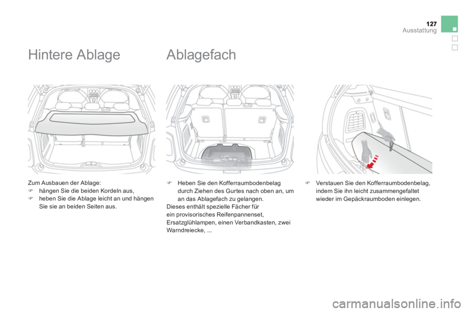 CITROEN DS3 2014  Betriebsanleitungen (in German) Ausstattung
   
Zum Ausbauen der Ablage: �)hängen Sie die beiden Kordeln aus, �)heben Sie die Ablage leicht an und hängen Sie sie an beiden Seiten aus.  
 
 
 
 
 
 
 
Hintere Ablage 
�) 
 Heben Sie