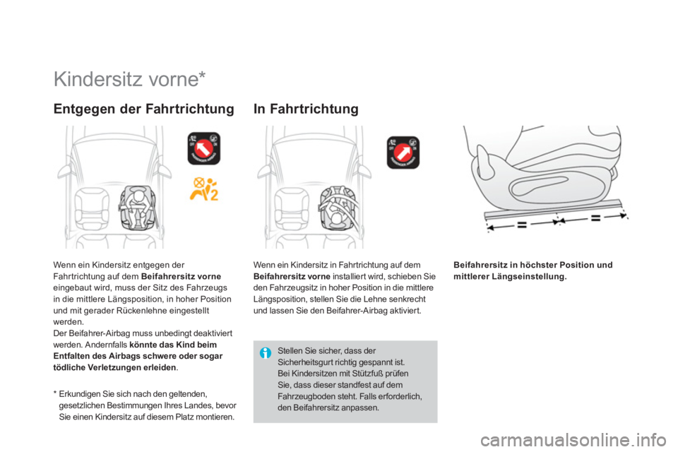 CITROEN DS3 2014  Betriebsanleitungen (in German)    
 
 
 
 
 
 
 
Kindersitz vorne *  
Entgegen der Fahrtrichtung   
In Fahrtrichtung 
Beifahrersitz inhöchsterPosition undmittlererLängseinstellung.
*  
  Erkundigen Sie sich nach den geltenden,ges