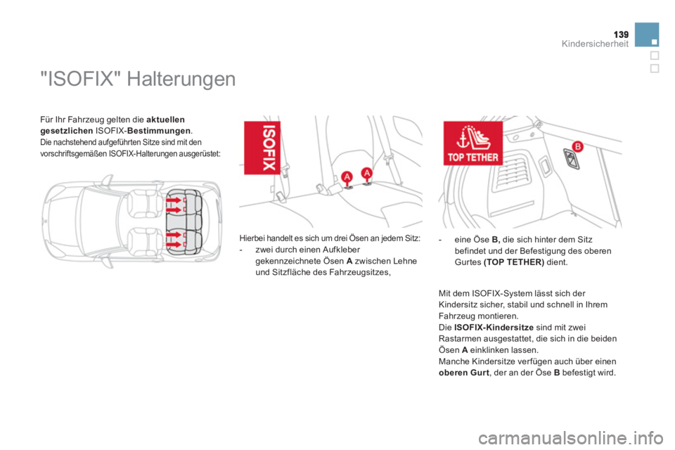 CITROEN DS3 2014  Betriebsanleitungen (in German) Kindersicherheit
 Für Ihr Fahrzeug gelten die aktuellen
gesetzlichenISOFIX-Bestimmungen 
.  
Die nachstehend aufgeführten Sitze sind mit den
vorschriftsgemäßen ISOFIX-Halterungen ausgerüstet: 
  