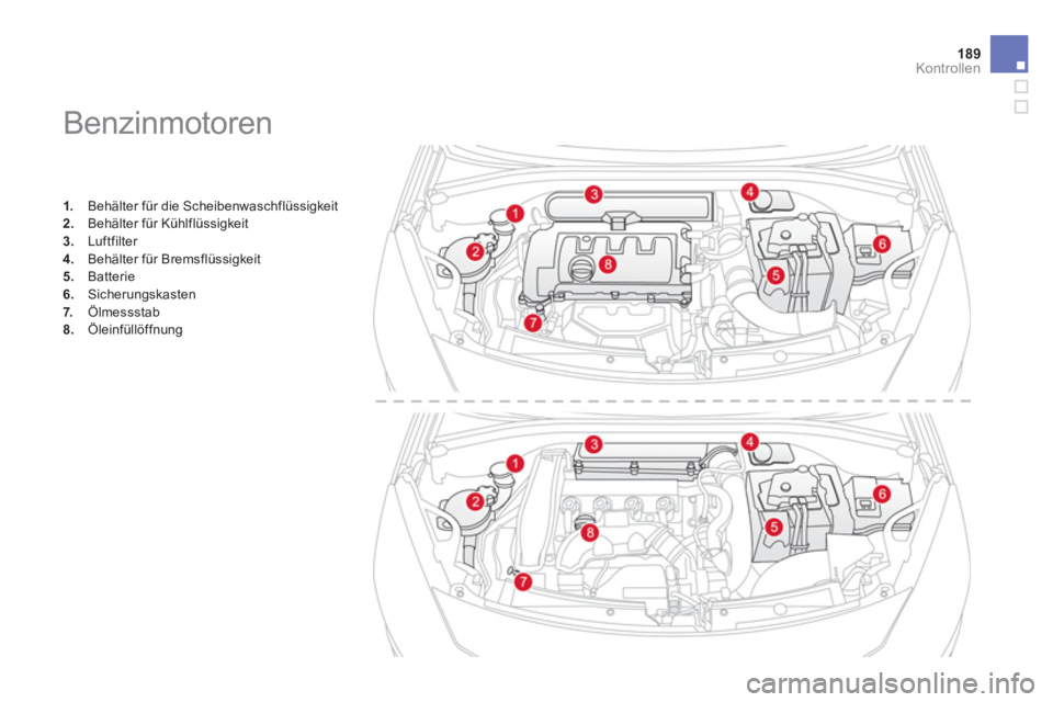 CITROEN DS3 2014  Betriebsanleitungen (in German) 189Kontrollen
   
 
 
 
 
 
 
 
 
 
 
 
 
 
Benzinmotoren 
1. 
  Behälter für die Scheibenwaschflüssigkeit 2.Behälter für Kühlflüssigkeit 3.Luftfilter 
4. 
 Behälter für Bremsflüssigkeit 
5.