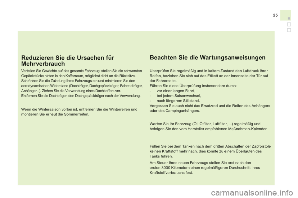 CITROEN DS3 2014 Betriebsanleitungen (in German) 25
Reduzieren Sie die Ursachen für
Mehrverbrauch
Ver teilen Sie Gewichte auf das gesamte Fahrzeug; stellen Sie die schwerstenGepäckstücke hinten in den Kofferraum, möglichst dicht an die CITROEN DS3 2014 Betriebsanleitungen (in German) 25
Reduzieren Sie die Ursachen für
Mehrverbrauch
Ver teilen Sie Gewichte auf das gesamte Fahrzeug; stellen Sie die schwerstenGepäckstücke hinten in den Kofferraum, möglichst dicht an die