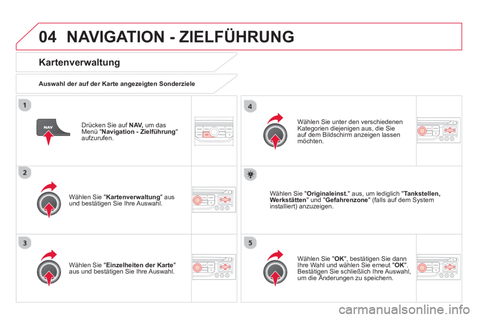 CITROEN DS3 2014  Betriebsanleitungen (in German) 04NAVIGATION - ZIELFÜHRUNG 
   
Drücken Sie auf  NAV,um das Menü "Navigation - Zielführung 
" aufzurufen.  
 
 
Kartenverwaltung 
 
 
Auswahl der auf der Karte angezeigten Sonderziele
   
Wählen 