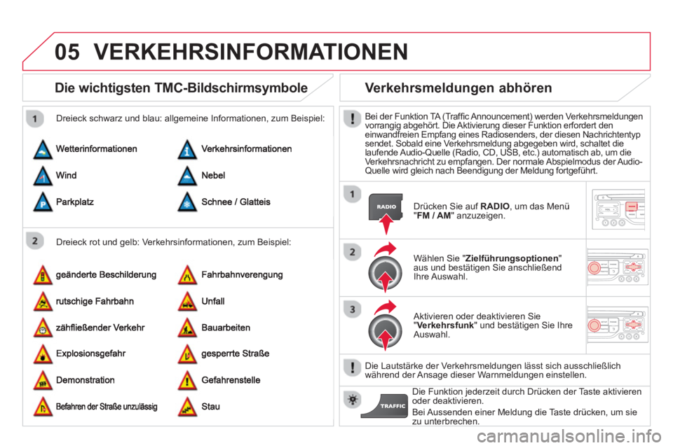 CITROEN DS3 2014  Betriebsanleitungen (in German) 05VERKEHRSINFORMATIONEN 
Die wichtigsten TMC-Bildschirmsymbole 
   
Dreieck rot und gelb: Verkehrsinformationen, zum Beispiel:     
Dreieck schwarz und blau: all
gemeine Informationen, zum Beispiel: 
