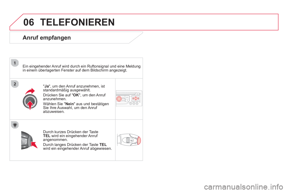 CITROEN DS3 2014  Betriebsanleitungen (in German) 06TELEFONIEREN
   
Anruf empfangen
 
 
Ein eingehender Anruf wird durch ein Ruftonsignal und eine Meldung 
in einem überlagerten Fenster auf dem Bildschirm angezeigt.  
"Ja", um den Anruf anzunehmen,