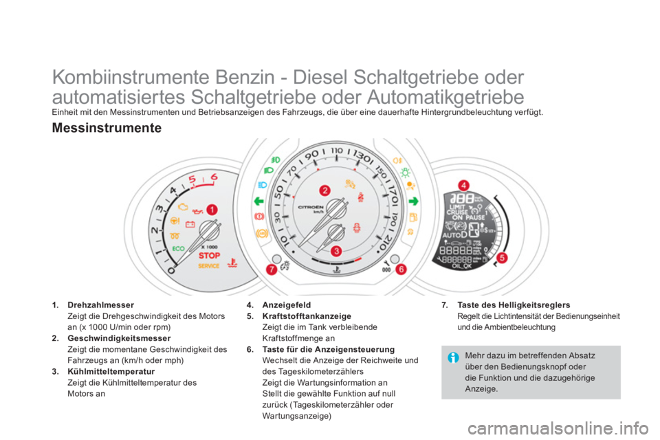 CITROEN DS3 2014 Betriebsanleitungen (in German)
Kombiinstrumente Benzin - Diesel Schaltgetriebe oder
automatisiertes Schaltgetriebe oder Automatikgetriebe
Einheit mit den Messinstrumenten und Betriebsanzeigen d CITROEN DS3 2014 Betriebsanleitungen (in German)
Kombiinstrumente Benzin - Diesel Schaltgetriebe oder
automatisiertes Schaltgetriebe oder Automatikgetriebe
Einheit mit den Messinstrumenten und Betriebsanzeigen d