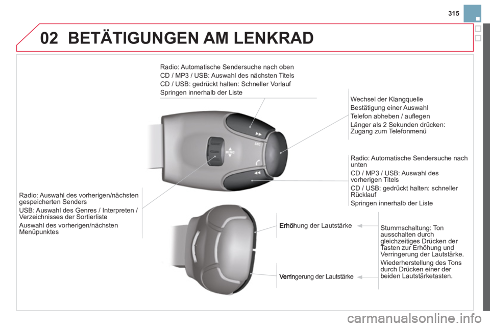 CITROEN DS3 2014  Betriebsanleitungen (in German) 315
02BETÄTIGUNGEN AM LENKRAD 
Radio: Automatische Sendersuche nach oben 
CD / MP3 / USB: Auswahl des nächsten Titels 
CD / USB: 
gedrückt halten: Schneller Vorlauf 
Sprin
gen innerhalb der Liste
 