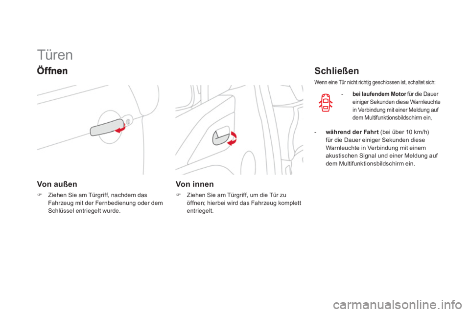 CITROEN DS3 2014  Betriebsanleitungen (in German)    
 
 
 
 
 
 
 
 
 
 
Türen 
Von außen 
�)Ziehen Sie am Türgriff, nachdem das 
Fahr zeug mit der Fernbedienung oder demSchlüssel entriegelt wurde.  
 
 
 
 
 Von innen 
�) 
  Ziehen Sie am Türg