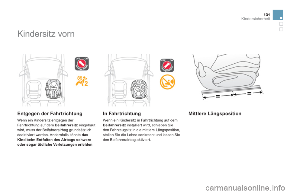 CITROEN DS3 2013  Betriebsanleitungen (in German) Kindersicherheit
  Kindersitz vorn  
 
 
Entgegen der Fahrtrichtung
 
Wenn ein Kindersitz entgegen der 
Fahr trichtung auf dem  Beifahrersitzeingebaut
wird, muss der Beifahrerairbag grundsätzlich dea