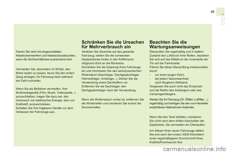 CITROEN DS3 2013 Betriebsanleitungen (in German) 25
Schränken Sie die Ursachen
für Mehrverbrauch ein
Ver teilen Sie Gewichte auf das gesamte Fahrzeug; stellen Sie die schwersten Gepäckstücke hinten in den Kofferraum, möglichst dicht an die Rü CITROEN DS3 2013 Betriebsanleitungen (in German) 25
Schränken Sie die Ursachen
für Mehrverbrauch ein
Ver teilen Sie Gewichte auf das gesamte Fahrzeug; stellen Sie die schwersten Gepäckstücke hinten in den Kofferraum, möglichst dicht an die Rü