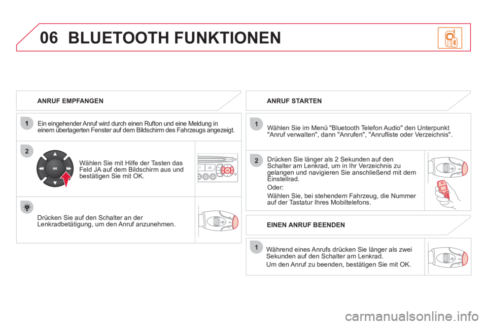 CITROEN DS3 2013  Betriebsanleitungen (in German) 06
2
1
2
1
OK
   
ANRUF EMPFANGEN
 
 
Ein eingehender Anruf wird durch einen Rufton und eine Meldung in einem überlagerten Fenster auf dem Bildschirm des Fahrzeugs angezeigt.  
 
 
Wählen Sie mit Hi