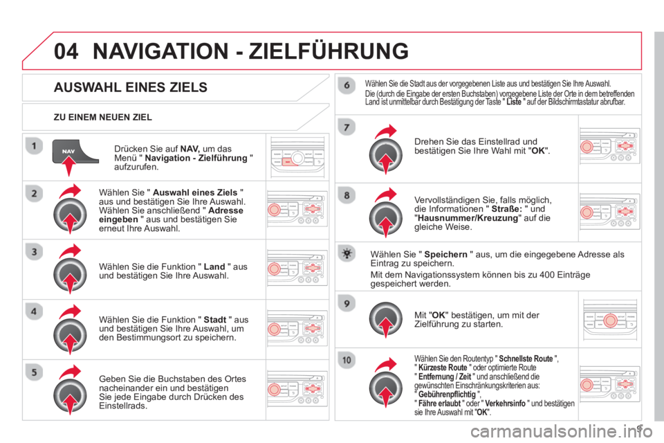CITROEN DS3 2013 Betriebsanleitungen (in German) 9
04
Drücken Sie auf NAV,
um dasMenü " Navigation - Zielführung"aufzurufen.
ZU EINEM NEUEN ZIEL
NAVIGATION - ZIELFÜHRUNG
AUSWAHL EINES ZIELS
Wählen Sie " Auswahl CITROEN DS3 2013 Betriebsanleitungen (in German) 9
04
Drücken Sie auf NAV,
um dasMenü " Navigation - Zielführung"aufzurufen.
ZU EINEM NEUEN ZIEL
NAVIGATION - ZIELFÜHRUNG
AUSWAHL EINES ZIELS
Wählen Sie " Auswahl