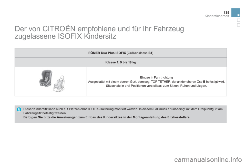 CITROEN DS3 2011  Betriebsanleitungen (in German) 135Kindersicherheit
   
 
 
 
 
 
 
 
Der von CITROËN empfohlene und für Ihr Fahrzeug 
zugelassene ISOFIX Kindersitz 
  Dieser Kindersitz kann auch auf Plätzen ohne ISOFIX-Halterung montiert werden