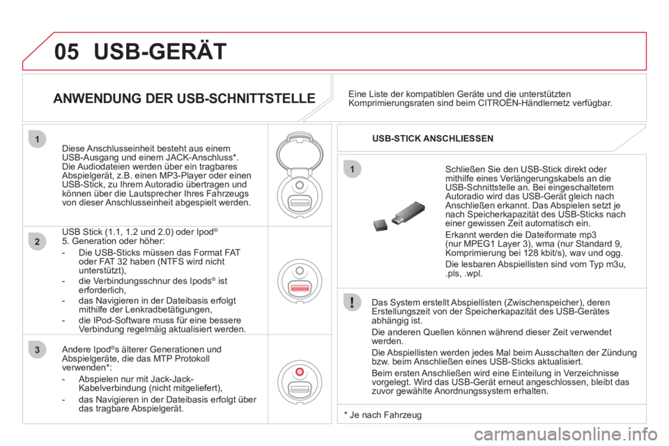 CITROEN DS3 2011 Betriebsanleitungen (in German) 05
1
1
2
3
USB-GERÄT
Das System erstellt Abspiellisten (Zwischenspeicher), deren
Erstellungszeit von der Speicherkapazität des USB-Gerätes
abhängig ist.
Die anderen Quellen können wä CITROEN DS3 2011 Betriebsanleitungen (in German) 05
1
1
2
3
USB-GERÄT
Das System erstellt Abspiellisten (Zwischenspeicher), deren
Erstellungszeit von der Speicherkapazität des USB-Gerätes
abhängig ist.
Die anderen Quellen können wä
