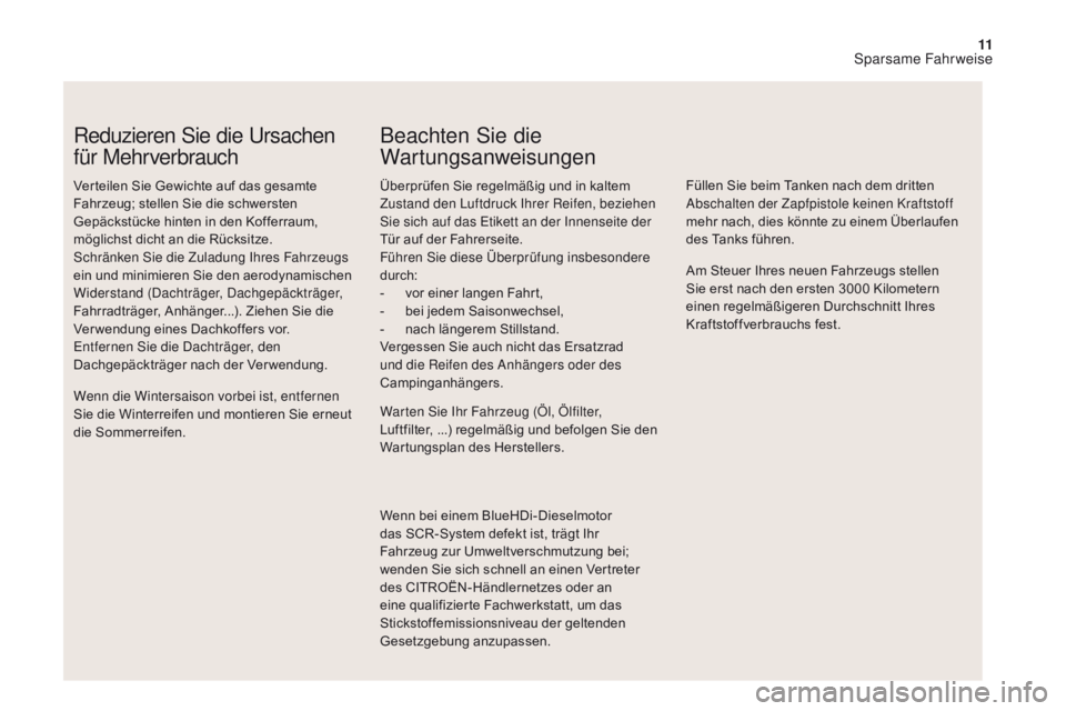 CITROEN DS4 2017 Betriebsanleitungen (in German) 11
DS4_de_Chap00c_eco-conduite_ed01-2016
Reduzieren Sie die Ursachen
für Mehrverbrauch
Verteilen Sie Gewichte auf das gesamte
Fahrzeug; stellen Sie die schwersten
Gepäckstücke hinten in den Koff CITROEN DS4 2017 Betriebsanleitungen (in German) 11
DS4_de_Chap00c_eco-conduite_ed01-2016
Reduzieren Sie die Ursachen
für Mehrverbrauch
Verteilen Sie Gewichte auf das gesamte
Fahrzeug; stellen Sie die schwersten
Gepäckstücke hinten in den Koff