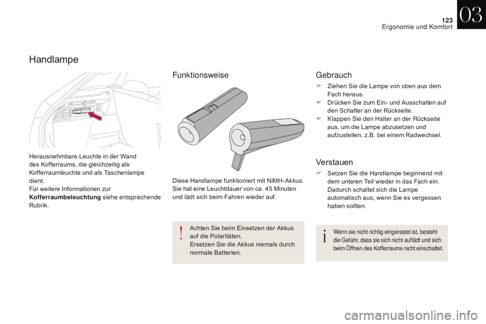 CITROEN DS4 2017 Betriebsanleitungen (in German) 123
DS4_de_Chap03_ergonomie-et-confort_ed01-2016
Herausnehmbare Leuchte in der Wand
des Kofferraums, die gleichzeitig als
Kofferraumleuchte und als Taschenlampe
dient.
Für weitere Informationen zu CITROEN DS4 2017 Betriebsanleitungen (in German) 123
DS4_de_Chap03_ergonomie-et-confort_ed01-2016
Herausnehmbare Leuchte in der Wand
des Kofferraums, die gleichzeitig als
Kofferraumleuchte und als Taschenlampe
dient.
Für weitere Informationen zu
