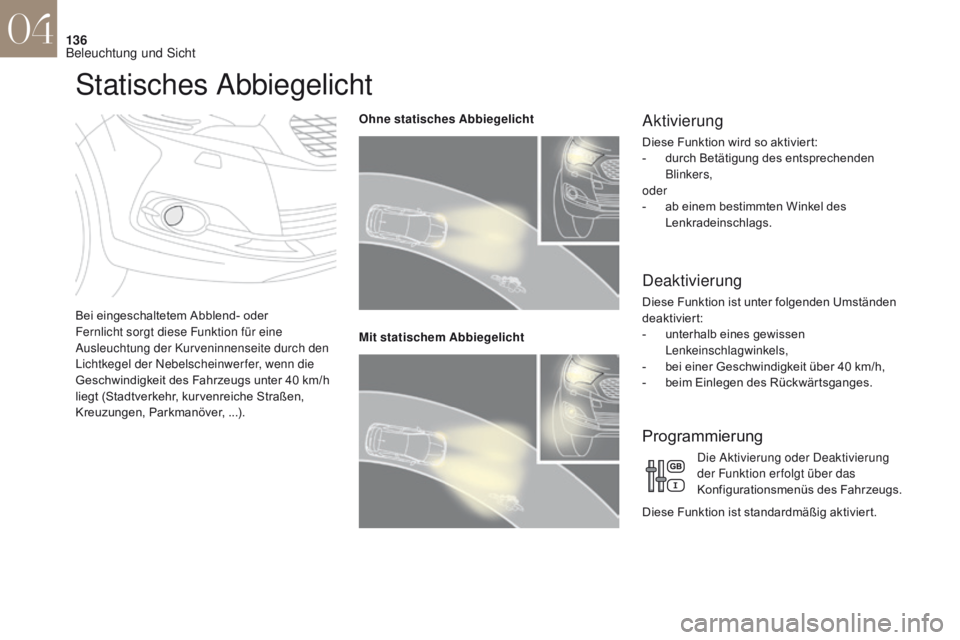 CITROEN DS4 2017  Betriebsanleitungen (in German) 136
DS4_de_Chap04_eclairage-et-visibilite_ed01-2016
Statisches Abbiegelicht
Bei eingeschaltetem Abblend- oder 
Fernlicht sorgt diese Funktion für eine 
Ausleuchtung der Kurveninnenseite durch den 
Li