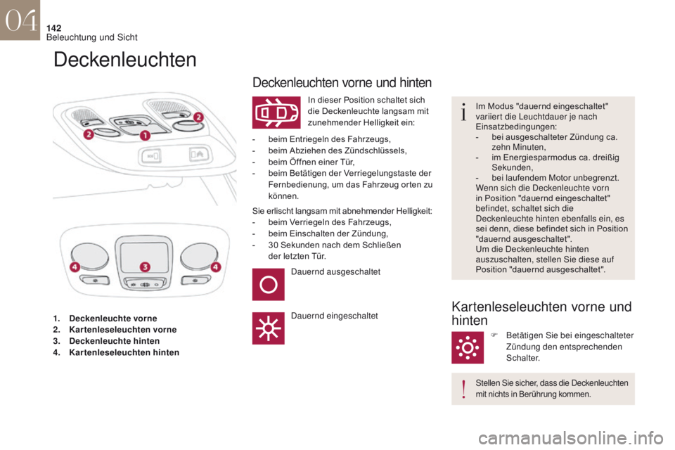 CITROEN DS4 2017 Betriebsanleitungen (in German) 142
DS4_de_Chap04_eclairage-et-visibilite_ed01-2016
1. Deckenleuchte vorne
2. Kartenleseleuchten vorne
3.
D
eckenleuchte hinten
4.
K
artenleseleuchten hinten
Deckenleuchten
In dieser Position sch CITROEN DS4 2017 Betriebsanleitungen (in German) 142
DS4_de_Chap04_eclairage-et-visibilite_ed01-2016
1. Deckenleuchte vorne
2. Kartenleseleuchten vorne
3.
D
eckenleuchte hinten
4.
K
artenleseleuchten hinten
Deckenleuchten
In dieser Position sch