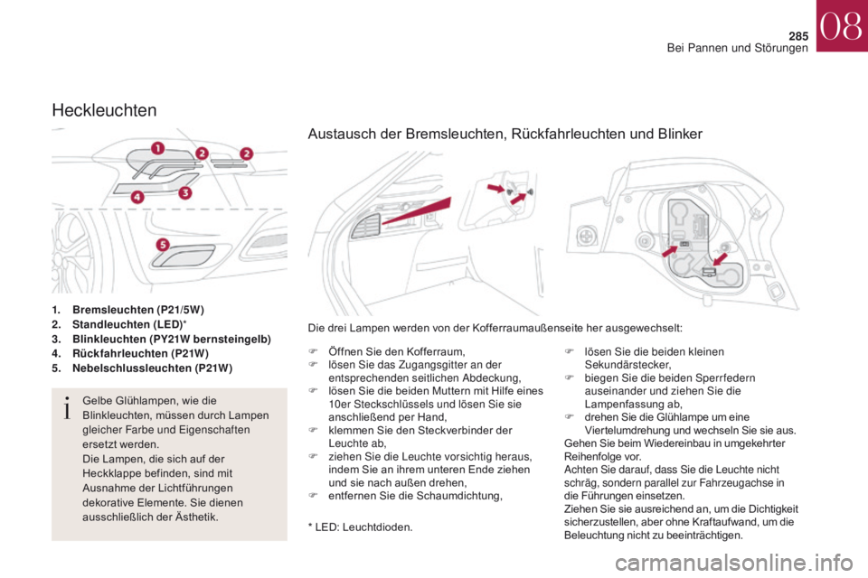 CITROEN DS4 2017 Betriebsanleitungen (in German) 285
DS4_de_Chap08_en-cas-de-panne_ed01-2016
1. Bremsleuchten (P21/5W)
2. Standleuchten (LED) *
3.
B
linkleuchten (PY21W bernsteingelb)
4.
R
ückfahrleuchten (P21W )
5.
N
ebelschlussleuchten (P CITROEN DS4 2017 Betriebsanleitungen (in German) 285
DS4_de_Chap08_en-cas-de-panne_ed01-2016
1. Bremsleuchten (P21/5W)
2. Standleuchten (LED) *
3.
B
linkleuchten (PY21W bernsteingelb)
4.
R
ückfahrleuchten (P21W )
5.
N
ebelschlussleuchten (P