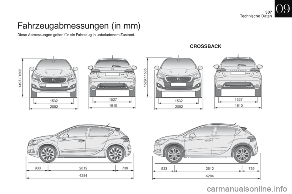 CITROEN DS4 2017  Betriebsanleitungen (in German) 307
DS4_de_Chap09_caracteristiques_ed01-2016
Fahrzeugabmessungen (in mm)
Diese Abmessungen gelten für ein Fahrzeug in unbeladenem Zustand.
CROSSBACK
09 
Technische Daten  
