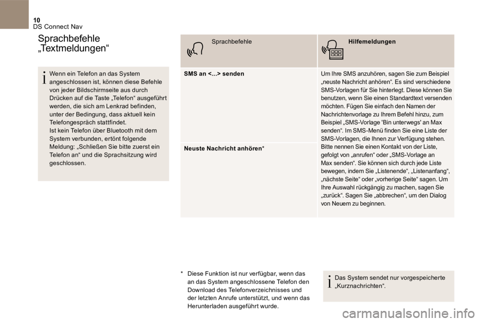 CITROEN DS4 2017 Betriebsanleitungen (in German) 10 DS Connect Nav
Wenn ein Telefon an das System angeschlossen ist, können diese Befehle von jeder Bildschirmseite aus durch Drücken auf die Taste „Telefon“ ausgeführt werden, die s CITROEN DS4 2017 Betriebsanleitungen (in German) 10 DS Connect Nav
Wenn ein Telefon an das System angeschlossen ist, können diese Befehle von jeder Bildschirmseite aus durch Drücken auf die Taste „Telefon“ ausgeführt werden, die s