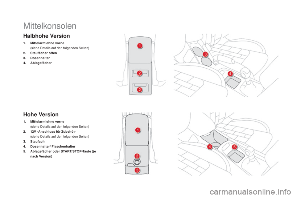 CITROEN DS4 2016  Betriebsanleitungen (in German) DS4_de_Chap04_amenagement_ed03-2015
Halbhohe Version
1. mittelarmlehne vorne   (
siehe Details auf den folgenden Seiten)
2.
 St

aufächer offen
3.
 Dos

enhalter
4.
  ab

lagefächer
Hohe Version
1. 