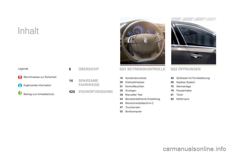CITROEN DS4 2016  Betriebsanleitungen (in German) DS4_de_Chap00a_sommaire_ed03-2015
Inhalt
ÖFFNUNGEN
60 Schlüssel mit Fernbedienung
66
 
 Keyless-System
75
 

Alarmanlage
79
 

Fensterheber
81
 T

üren
82
 

Kofferraum
BETRIEBSKONTROLLE
18 Kombiin