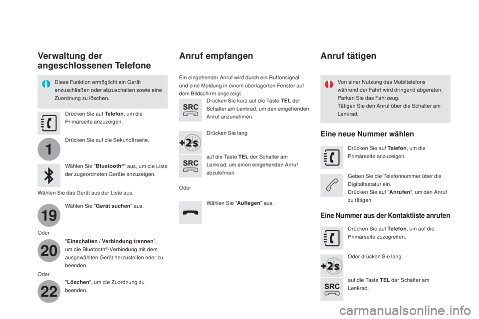 CITROEN DS4 2016 Betriebsanleitungen (in German) 1
19
20
22
DS4_de_Chap12c_SMEGplus_ed03-2015
Verwaltung der
angeschlossenen Telefone
Diese Funktion ermöglicht ein Gerät
anzuschließen oder abzuschalten sowie eine
Zuordnung zu löschen.Von eine CITROEN DS4 2016 Betriebsanleitungen (in German) 1
19
20
22
DS4_de_Chap12c_SMEGplus_ed03-2015
Verwaltung der
angeschlossenen Telefone
Diese Funktion ermöglicht ein Gerät
anzuschließen oder abzuschalten sowie eine
Zuordnung zu löschen.Von eine