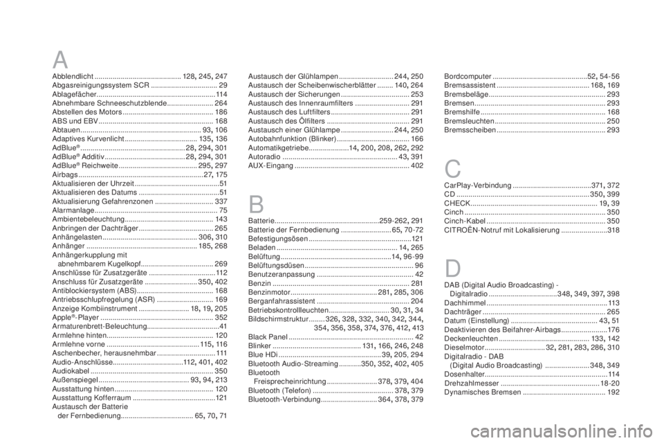CITROEN DS4 2016  Betriebsanleitungen (in German) DS4_de_Chap13_index-alpha_ed03-2015
Abblendlicht ........................................... 128, 245 , 247
Abgasreinigungssystem SCR  .................................29
Ablagefächer
 

............