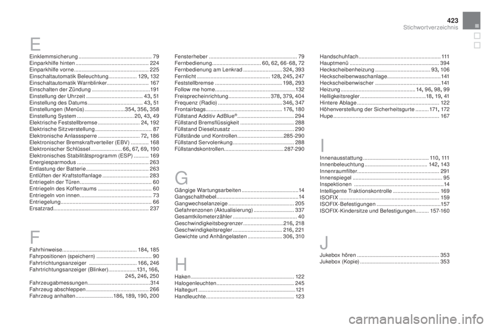 CITROEN DS4 2016 Betriebsanleitungen (in German) 423
DS4_de_Chap13_index-alpha_ed03-2015
Einklemmsicherung ................................................. 79
Einparkhilfe hinten ................................................. 224
Einparkhilfe v CITROEN DS4 2016 Betriebsanleitungen (in German) 423
DS4_de_Chap13_index-alpha_ed03-2015
Einklemmsicherung ................................................. 79
Einparkhilfe hinten ................................................. 224
Einparkhilfe v