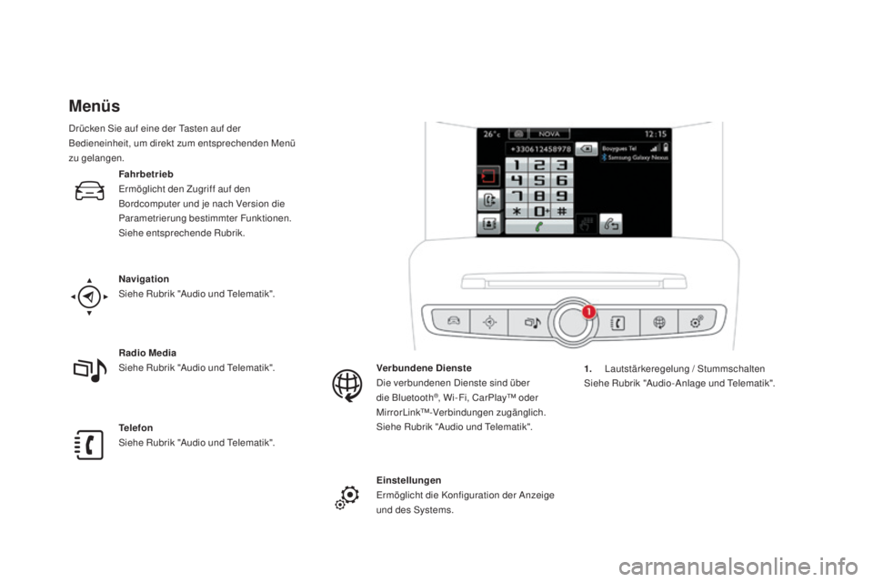 CITROEN DS4 2016  Betriebsanleitungen (in German) DS4_de_Chap01_controle-de-marche_ed03-2015
menüs
Navigation
Siehe Rubrik "Audio und Telematik".
Telefon
Siehe Rubrik "Audio und Telematik". Radio m
ed
 ia
Siehe Rubrik "Audio und 