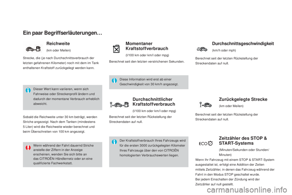 CITROEN DS4 2016 Betriebsanleitungen (in German) DS4_de_Chap01_controle-de-marche_ed03-2015
Ein paar Begriffserläuterungen…
Dieser Wer t kann variieren, wenn sich
Fahrweise oder Streckenprofil ändern und
dadurch der momentane Verbrauch erhebli CITROEN DS4 2016 Betriebsanleitungen (in German) DS4_de_Chap01_controle-de-marche_ed03-2015
Ein paar Begriffserläuterungen…
Dieser Wer t kann variieren, wenn sich
Fahrweise oder Streckenprofil ändern und
dadurch der momentane Verbrauch erhebli