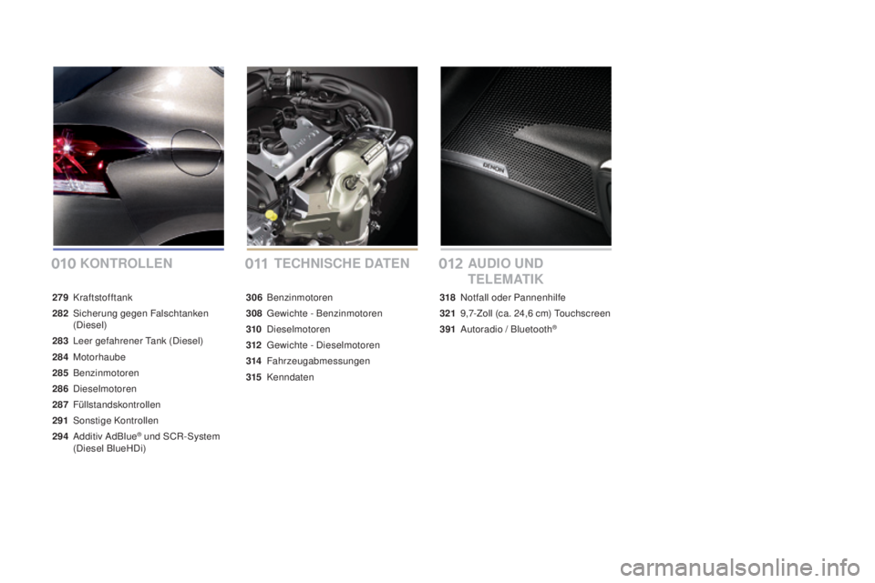 CITROEN DS4 2016  Betriebsanleitungen (in German) DS4_de_Chap00a_sommaire_ed03-2015
KONTROLLENTECHNISCHE DaT ENaU DIO  UND  
TELE
m
 a
T
 IK
279 Kraftstofftank
282
 S
 icherung gegen Falschtanken 
(Diesel)
283
 L

eer gefahrener Tank (Diesel)
284
 

