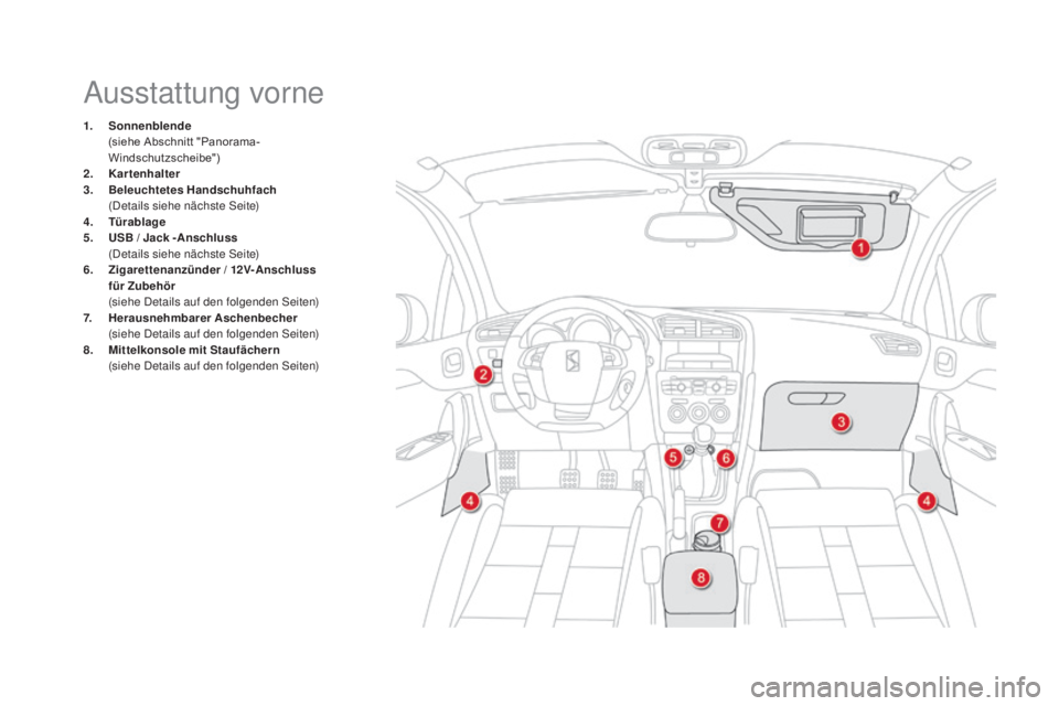 CITROEN DS4 2015  Betriebsanleitungen (in German) DS4_de_Chap04_amenagement_ed02-2015
Ausstattung vorne
1. Sonnenblende  (
siehe Abschnitt "Panorama-
Windschutzscheibe")
2.
 K

artenhalter
3.
 B

eleuchtetes Handschuhfach  
 (

Details siehe 