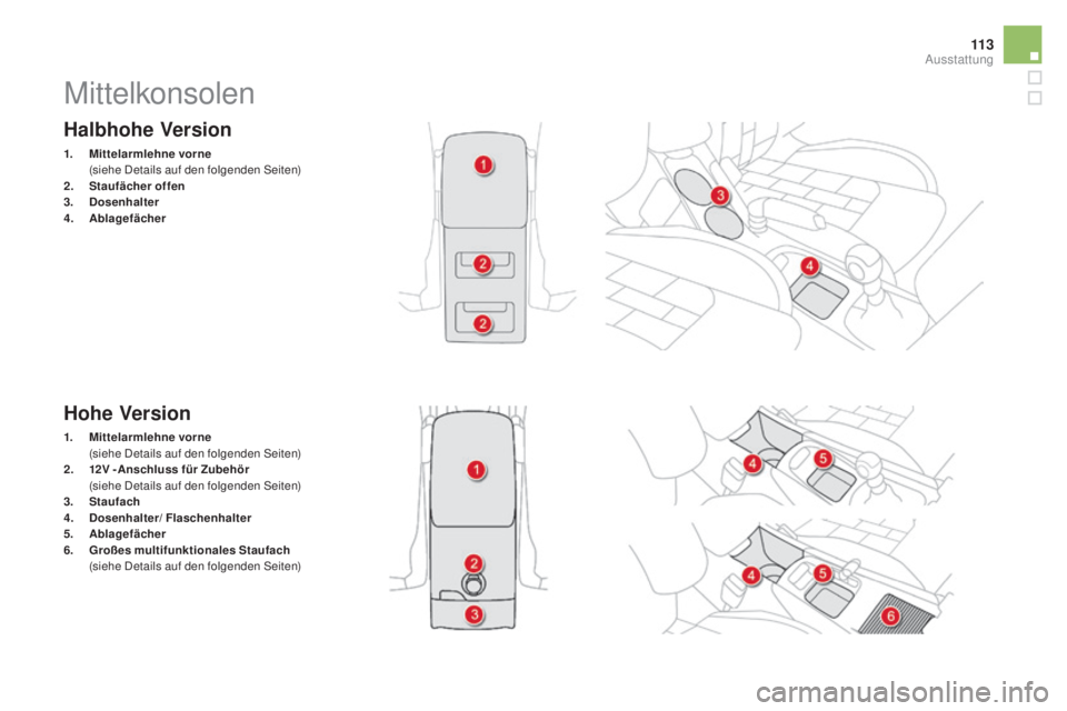 CITROEN DS4 2015  Betriebsanleitungen (in German) 11 3
DS4_de_Chap04_amenagement_ed02-2015
Halbhohe Version
1. mittelarmlehne vorne   (
siehe Details auf den folgenden Seiten)
2.
 St

aufächer offen
3.
 Dos

enhalter
4.
  ab

lagefächer
Hohe Versio