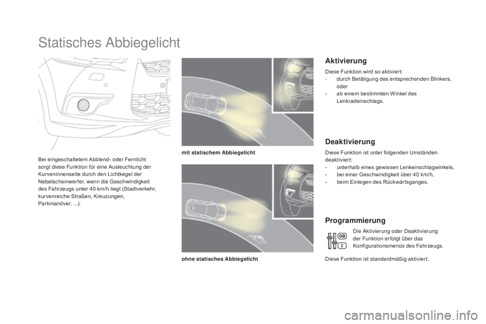 CITROEN DS4 2015  Betriebsanleitungen (in German) DS4_de_Chap05_visibilite_ed02-2015
Statisches Abbiegelicht
Bei eingeschaltetem Abblend- oder Fernlicht 
sorgt diese Funktion für eine Ausleuchtung der 
Kur veninnenseite durch den Lichtkegel der 
Neb