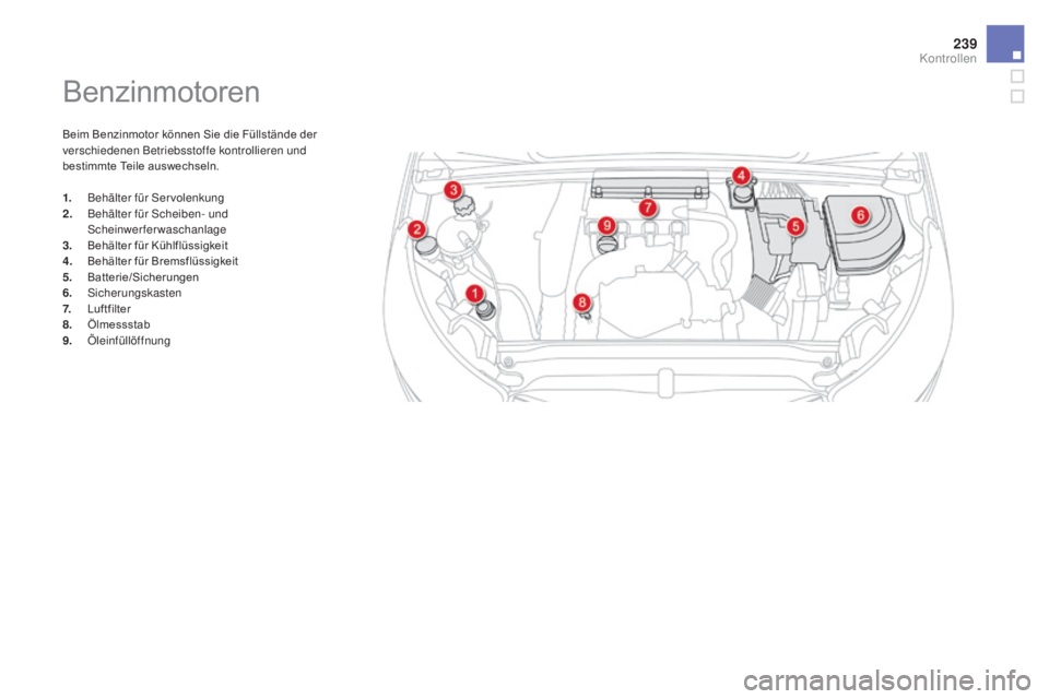 CITROEN DS4 2015  Betriebsanleitungen (in German) 239
DS4_de_Chap09_verifications_ed02-2015
Benzinmotoren
Beim Benzinmotor können Sie die Füllstände der 
verschiedenen Betriebsstoffe kontrollieren und 
bestimmte Teile auswechseln.
1.
 B
ehälter f