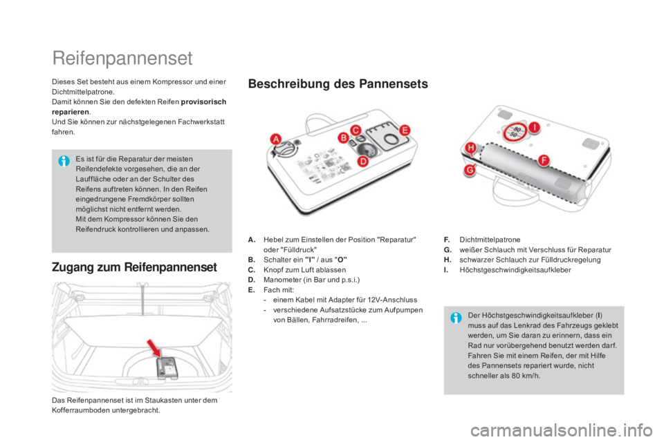CITROEN DS4 2015 Betriebsanleitungen (in German) DS4_de_Chap10_info-pratiques_ed02-2015
Reifenpannenset
Dieses Set besteht aus einem Kompressor und einer
Dichtmittelpatrone.
Damit können Sie den defekten Reifen provisorisch
reparieren.
Und Sie k CITROEN DS4 2015 Betriebsanleitungen (in German) DS4_de_Chap10_info-pratiques_ed02-2015
Reifenpannenset
Dieses Set besteht aus einem Kompressor und einer
Dichtmittelpatrone.
Damit können Sie den defekten Reifen provisorisch
reparieren.
Und Sie k