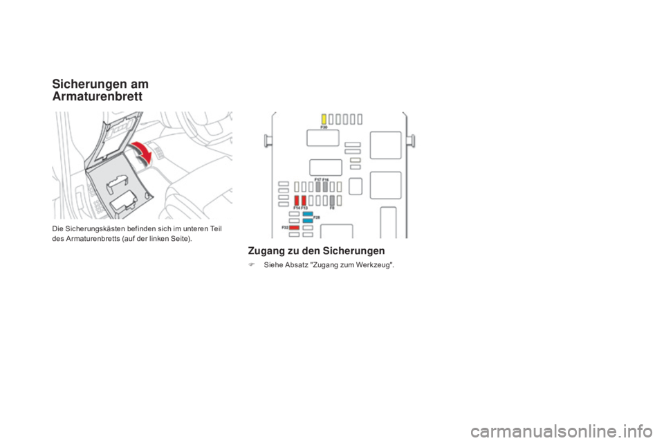 CITROEN DS4 2015  Betriebsanleitungen (in German) DS4_de_Chap10_info-pratiques_ed02-2015
Sicherungen am 
ar
maturenbrett
Die Sicherungskästen befinden sich im unteren Teil 
des Armaturenbretts (auf der linken Seite).
Zugang zu den Sicherungen
F Sieh
