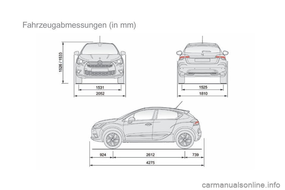 CITROEN DS4 2015  Betriebsanleitungen (in German) DS4_de_Chap11_caracteristiques_ed02-2015
Fahrzeugabmessungen (in mm) 