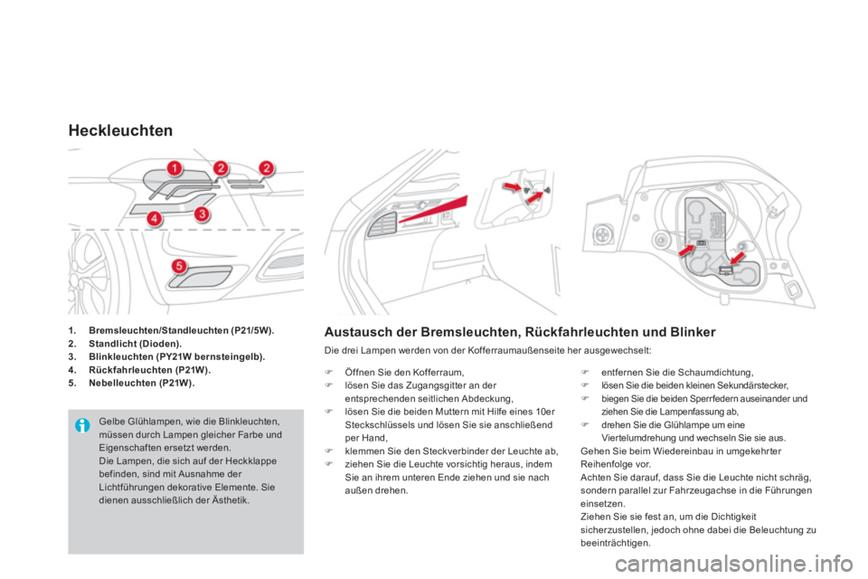 CITROEN DS4 2014  Betriebsanleitungen (in German)    
 
1. 
  Bremsleuchten/Standleuchten (P21/5W).  
   
2.   Standlicht (Dioden).  
   
3.   Blinkleuchten (PY21W bernsteingelb) . 
   
4. 
  Rückfahrleuchten 
  (P21W). 
 
   
5.   Nebelleuchten (P2