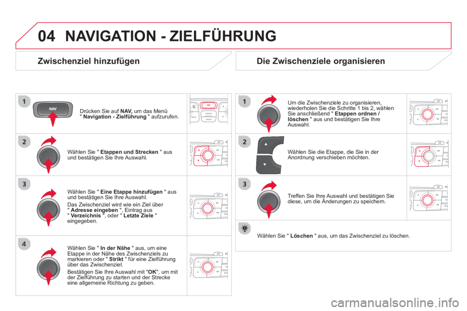 CITROEN DS4 2014  Betriebsanleitungen (in German) 04  NAVIGATION - ZIELFÜHRUNG 
 
 
Zwischenziel hinzufügen 
 
 
Drücken Sie auf  NAV, 
 um das Menü 
"  Navigation - Zielführung 
 " aufzurufen.  
   
Wählen Sie "  Etappen und Strecken 
 " aus 
