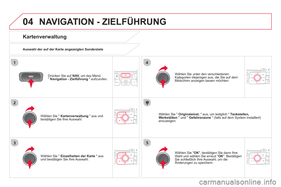 CITROEN DS4 2014  Betriebsanleitungen (in German) 04  NAVIGATION - ZIELFÜHRUNG 
 
 
Drücken Sie auf  NAV, 
 um das Menü 
"  Navigation - Zielführung 
 " aufzurufen.  
 
 
Kartenverwaltung 
 
 
Auswahl der auf der Karte angezeigten Sonderziele  
 